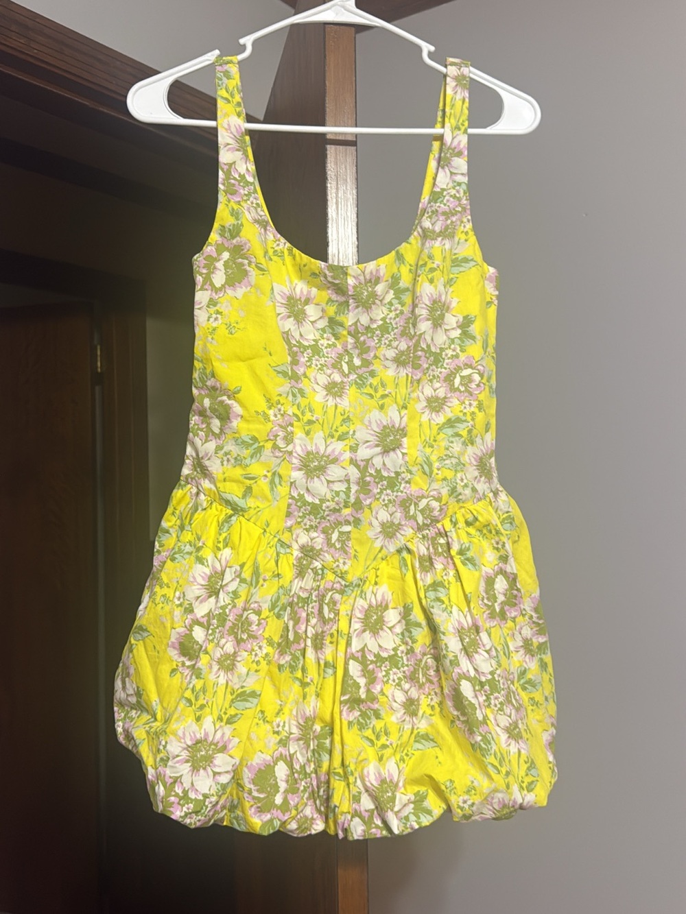 Yellow Floral Mini Dress with Scoop Neck